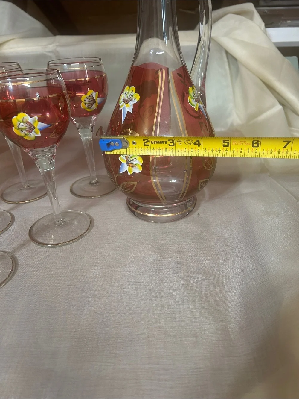 Vintage Hand Painted Glass decanter and Glasses